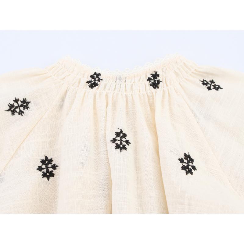 New Summer Women's Fashion Sweet Simple Round Neck Tie-Sleeve Embroidered Shirt Top