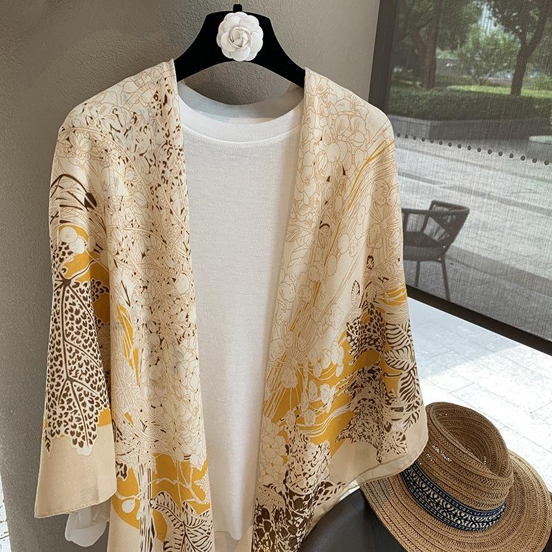 Yellow Flower Printed Large Scarf For Women Summer Sun Protection Air Conditioner Shawl