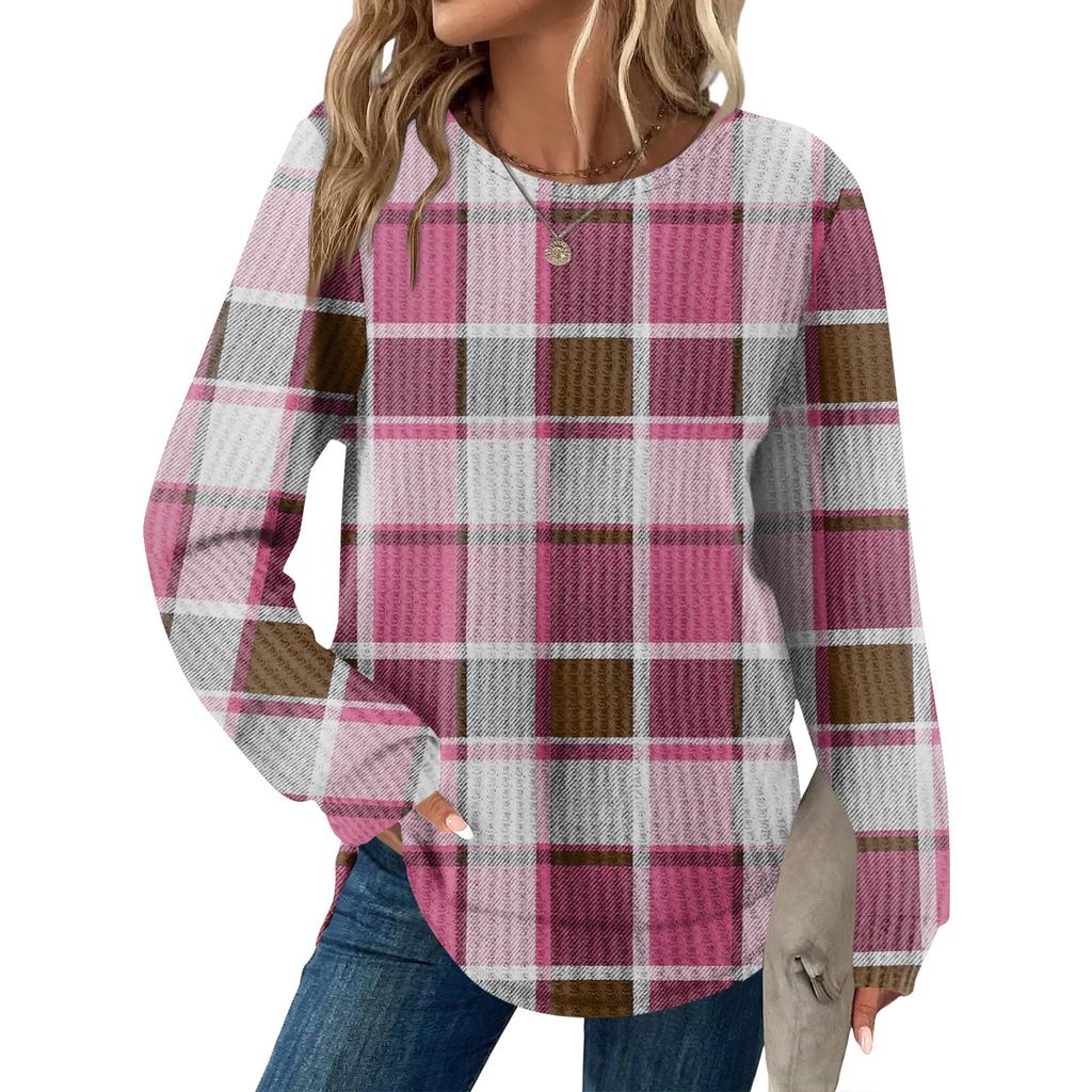 Damrutig tryck rund hals långärmad ledig lös topp