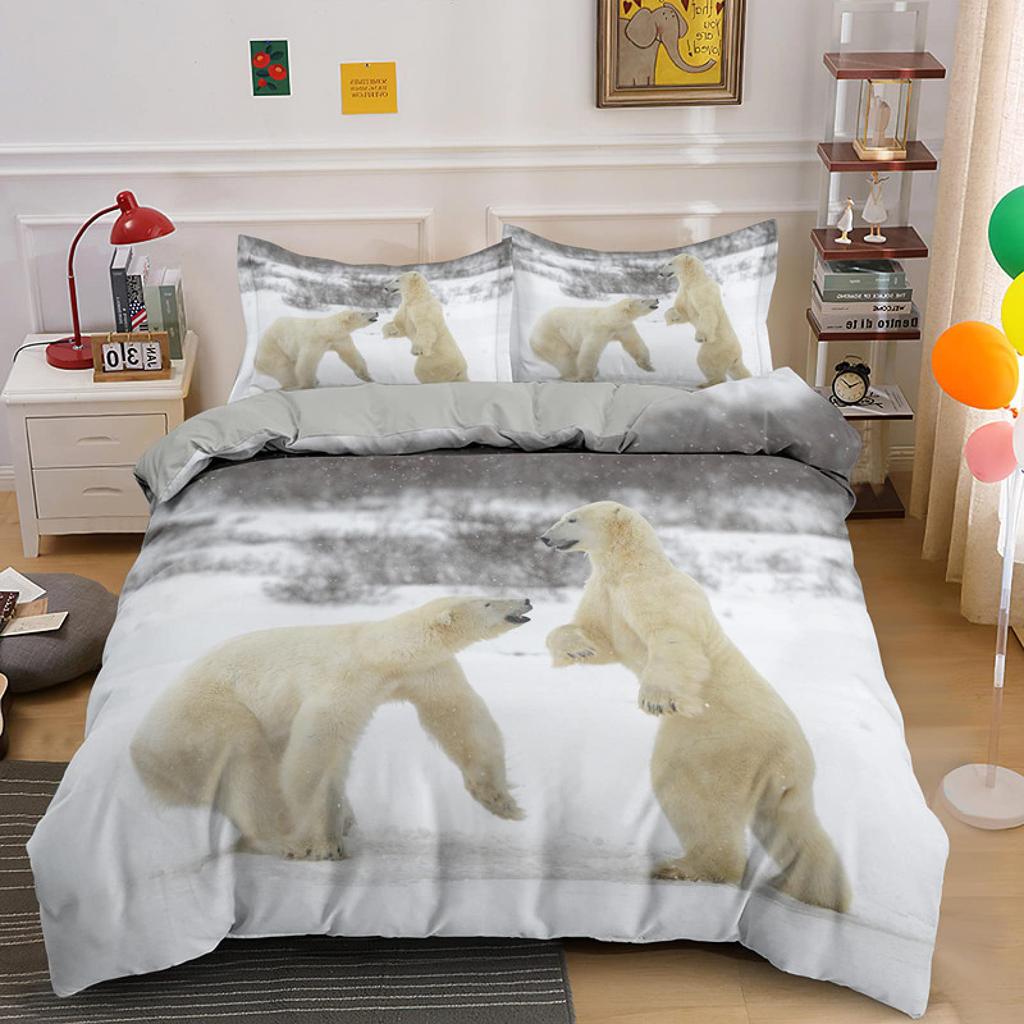Polar Bear Duvet Cover King Queen 3D Lovely White Arctic Animal Bedding Set For Kids Teens Adult Wildlife Quilt Cover Pillowcase
