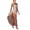 European and American women's clothing new slanted shoulder high-end dress with irregular hem slits