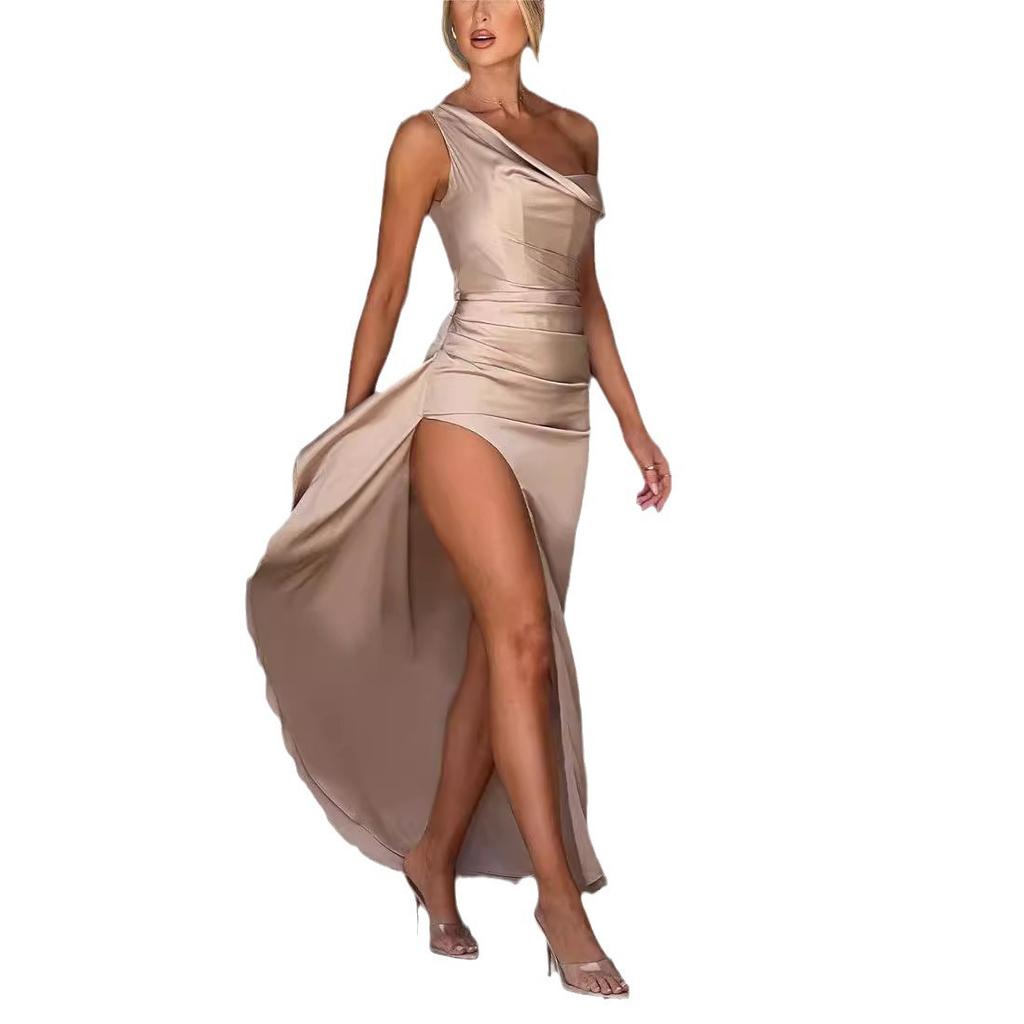 European and American women's clothing new slanted shoulder high-end dress with irregular hem slits