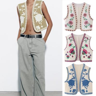 Women Vest Retro Floral Embroidery Color Matching Sleeveless Open Stitch Cardigan Loose Short Type Daily Waistcoat