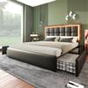 Bed Frame with LED Lighting Bar and 4 Drawers, Double Bed Upholstered Bed 140x200cm, Height-Adjustable Headboard, Functional Bed, Faux Leather Black
