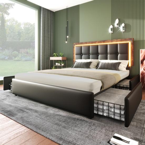 Bed Frame with LED Lighting Bar and 4 Drawers, Double Bed Upholstered Bed 140x200cm, Height-Adjustable Headboard, Functional Bed, Faux Leather Black