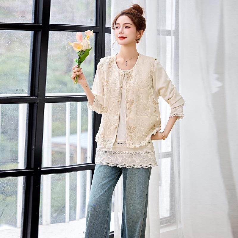 Spring 2025 Women's Lace Patchwork Shirt and Embroidered Cardigan Vest Set
