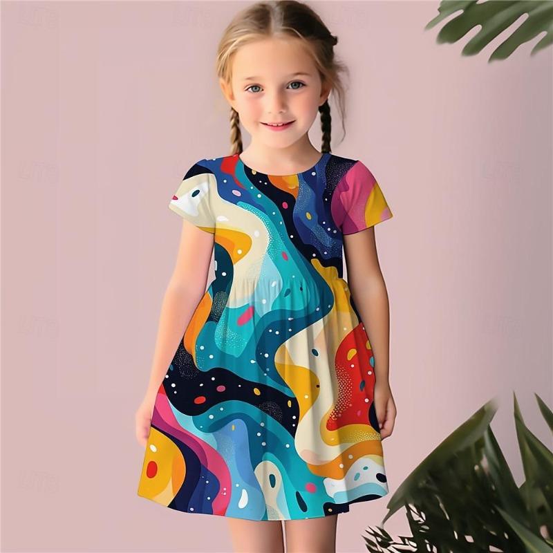 

Girls 3D Geometric Dress Pink Short Sleeve 3D Print Summer Daily Holiday Casual Beautiful Kids 3-12 Years Casual Dress 110