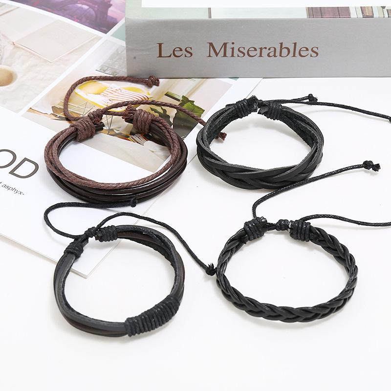 Cross-border European & American Multi-layer Cowhide Bracelet Set - 4-piece DIY Woven Leather Combination