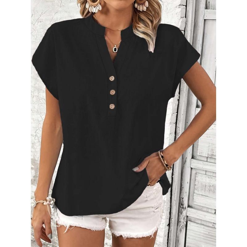 

Summer Short Sleeve Loose Women Blouse New V-neck Button Retro Cotton Shirts Office Casual Simple Tops Shirt Solid Color Basic Clothing S чёрный
