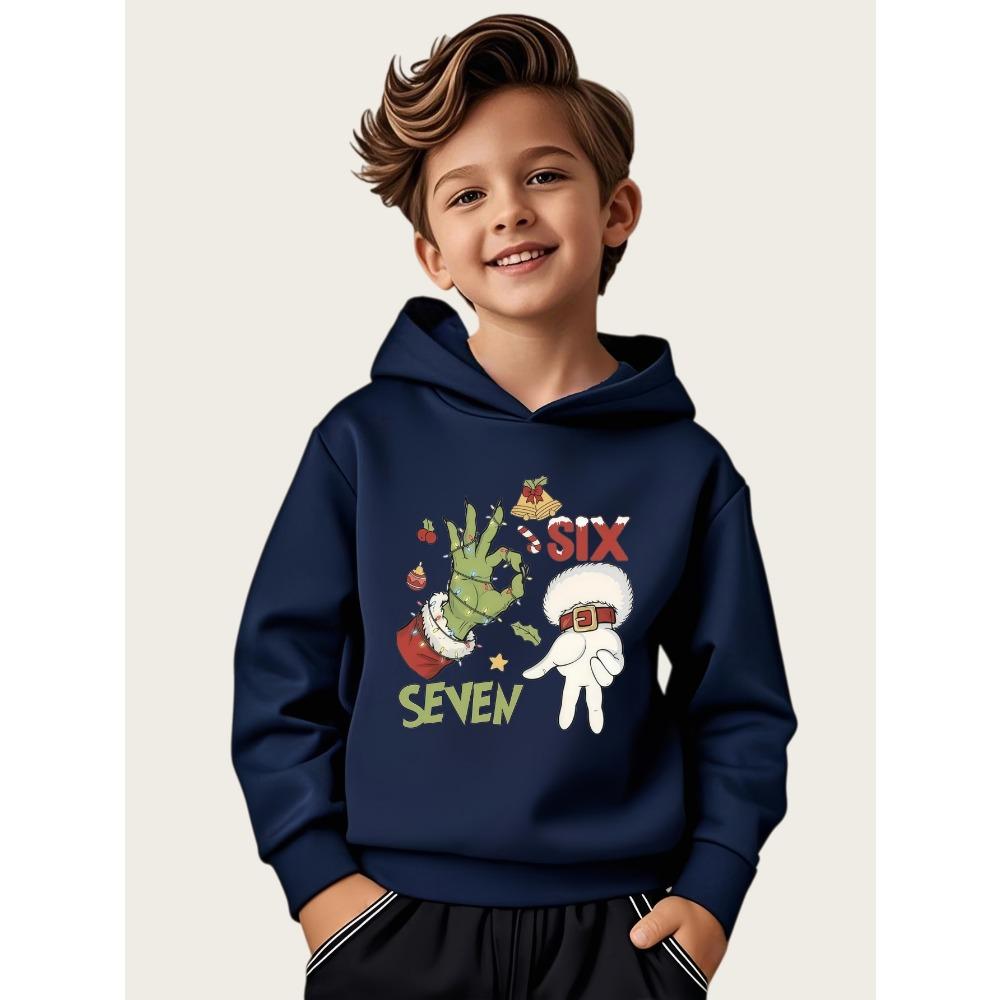 

Fashion Christmas SIX SEVEN Print Hoodie, Loose Fit Pullover for Teens Boys Girls, Casual Daily Wear Spring Fall 110