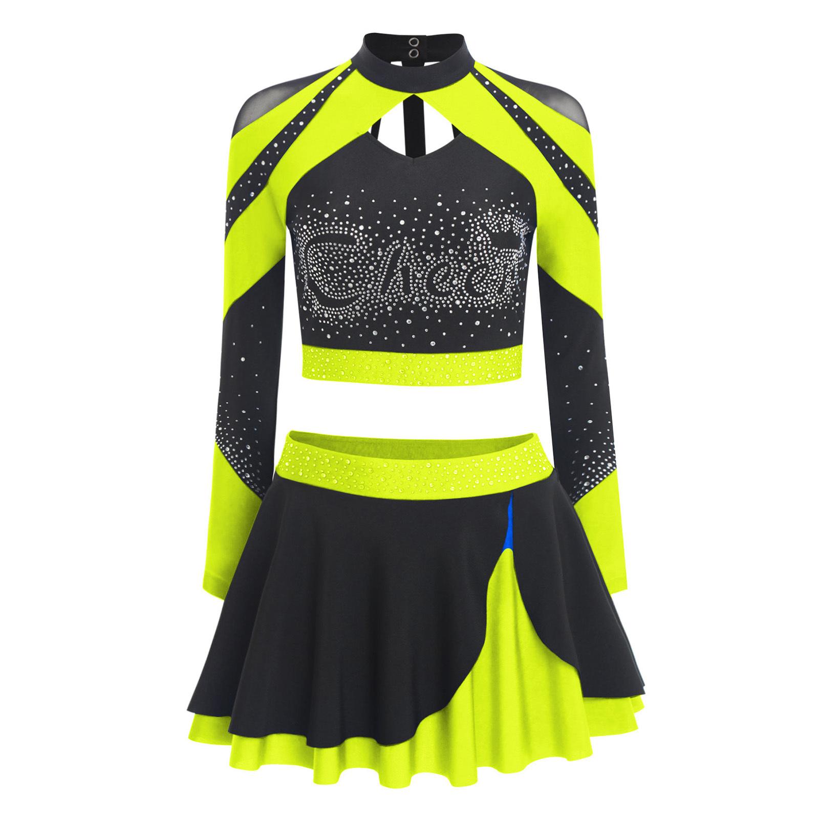

Womens Shiny Rhinestone Cheerleading Uniform Long Sleeve Hollow Out Crop Top Contrast Color Skating Skirt Set S