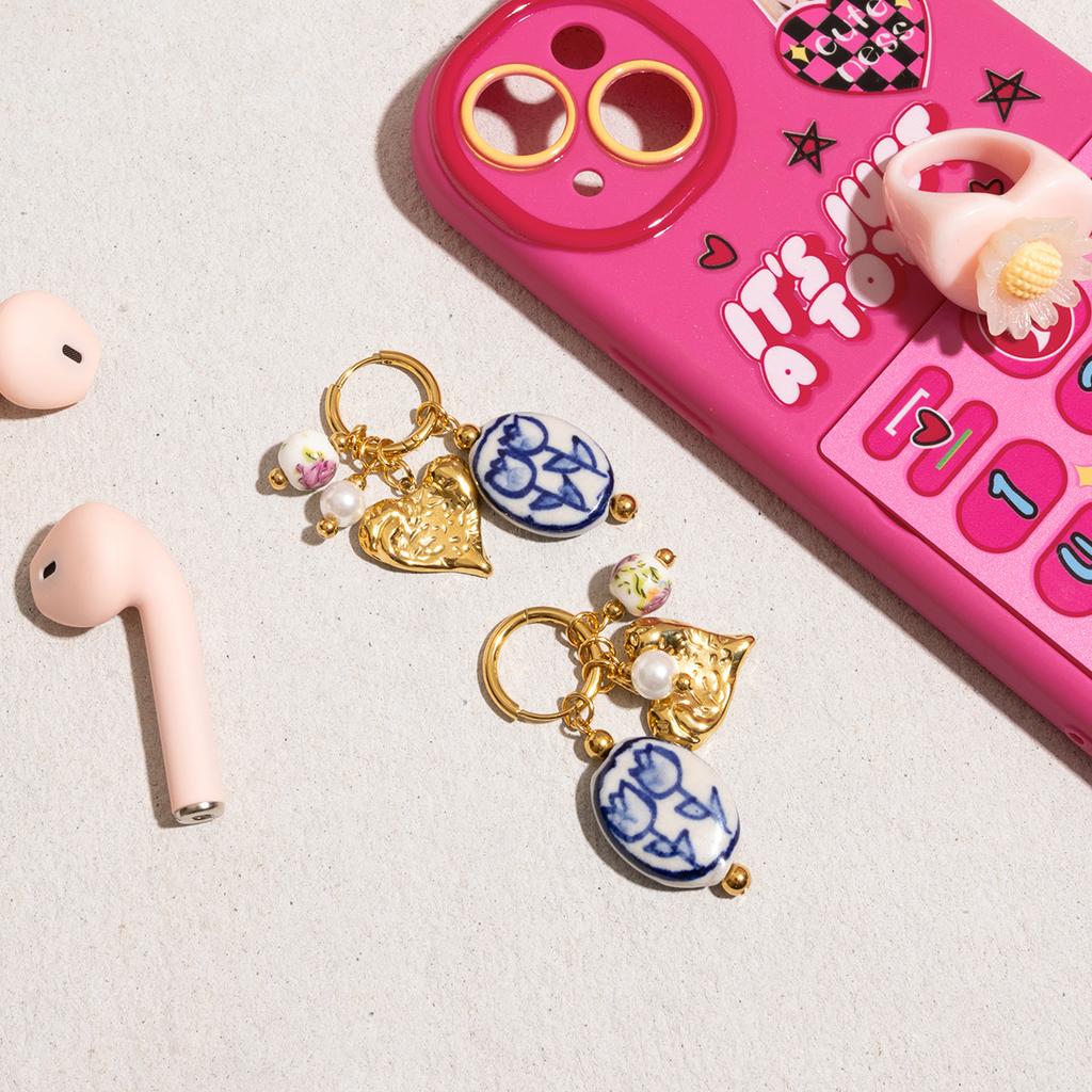 Youthway New Arrival Gold Plated Stainless Steel Ceramics Flower Heart Pearl Pendant Drop Earrings Versatile Women Jewelry Gift