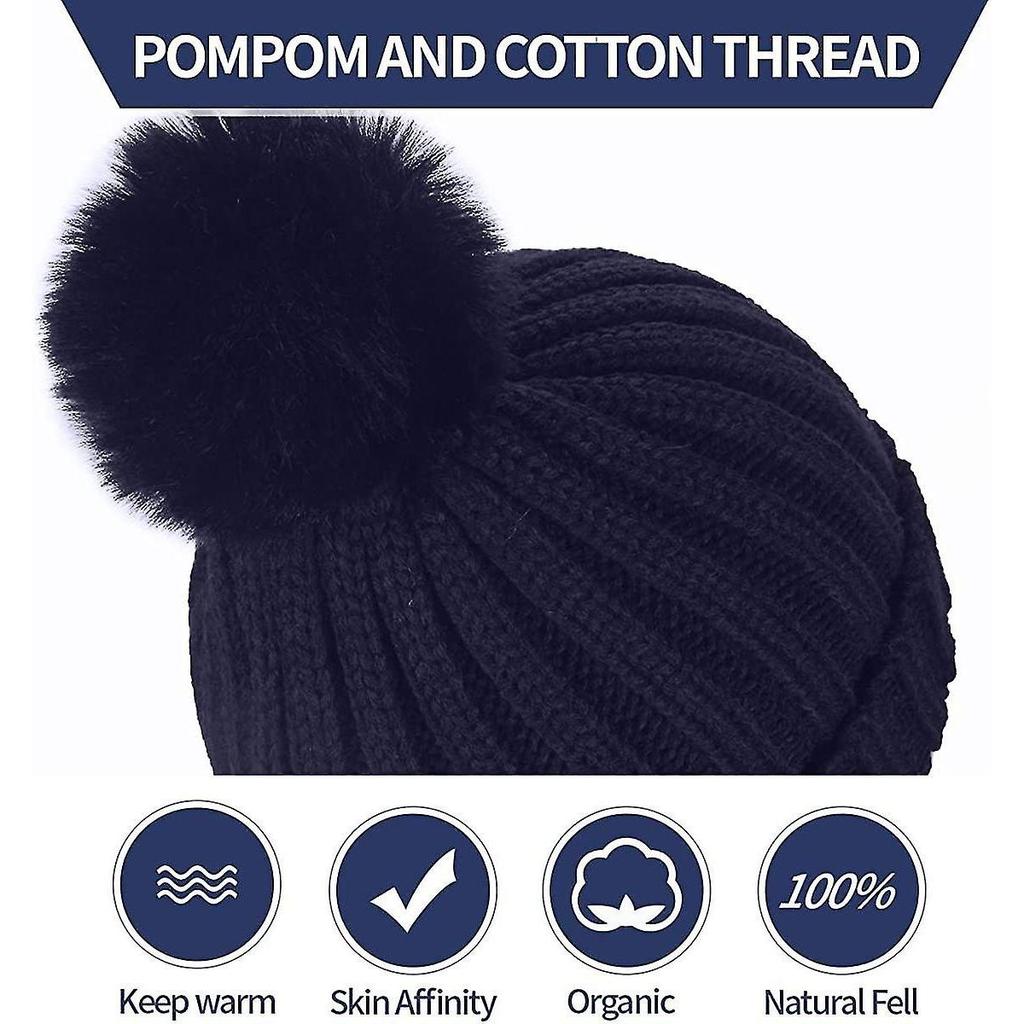 Winter Beanie Hat With Large Faux Fur Bobble Pom Pom Winter Fur Knitted Hat For Outdoor Camping Ski Caps