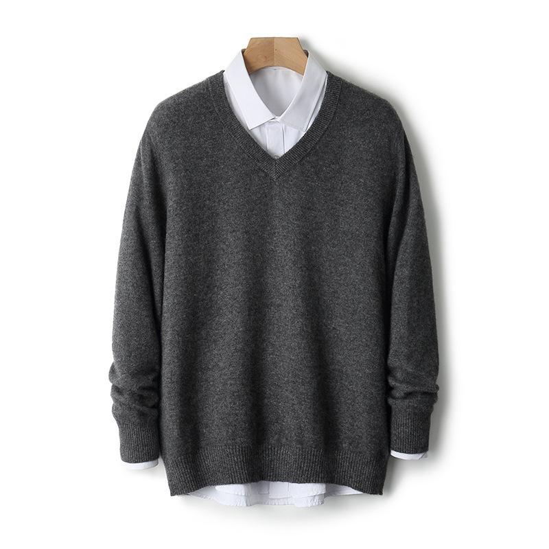Herren V-Ausschnitt reiner Wollpullover - Lässiger locker gestrickter Pullover