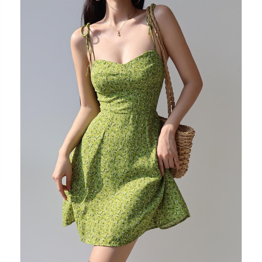 American Fresh Girl Shoulder Strap Green Printed Suspender Dress Women's Summer Waist Thin A-word Skirt Short Skirt