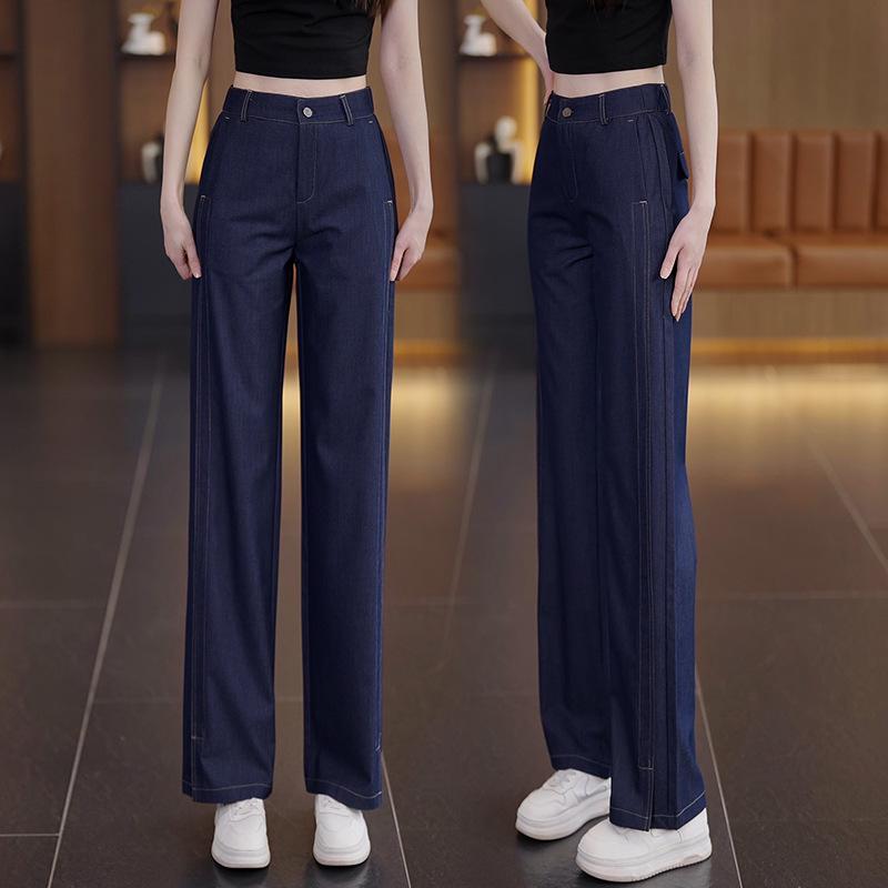 

Женские джинсы из темно-синего тенселя - Весна/Осень 2025, Тонкая эластичная талия, Прямые штанины, Свободный крой, Зауженные, Ледяной шелк. 28 (105-115 jin) темно-синий