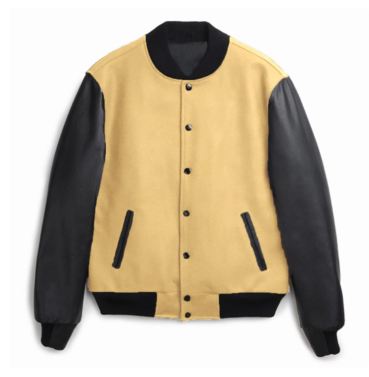 

2024 Men s European Size PU Leather Sleeve Patchwork Bomber Jacket, Single-Breasted Wool, Autumn/Winter Collection. L жовтий