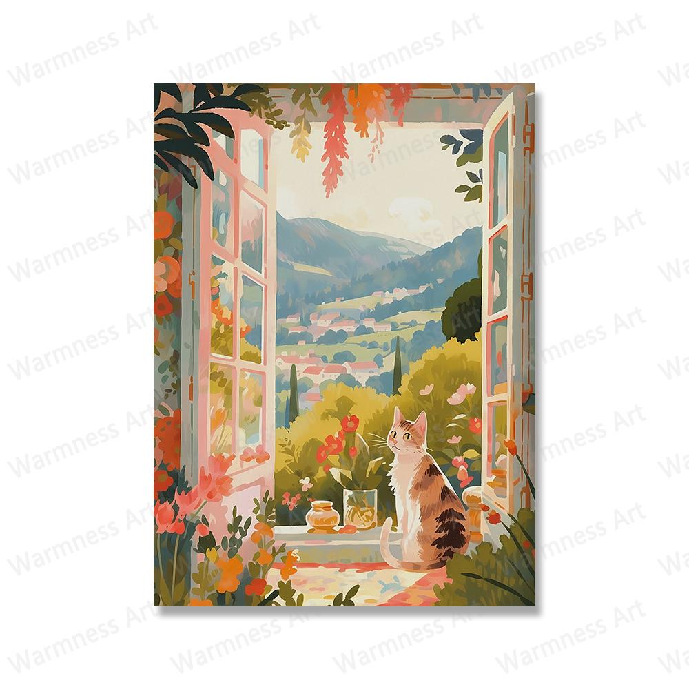 Adorabili gatti guardano il paesaggio, stampe artistiche su tela, quadri del viaggio a Firenze, montagna Fuji, Parigi, Grecia, poster