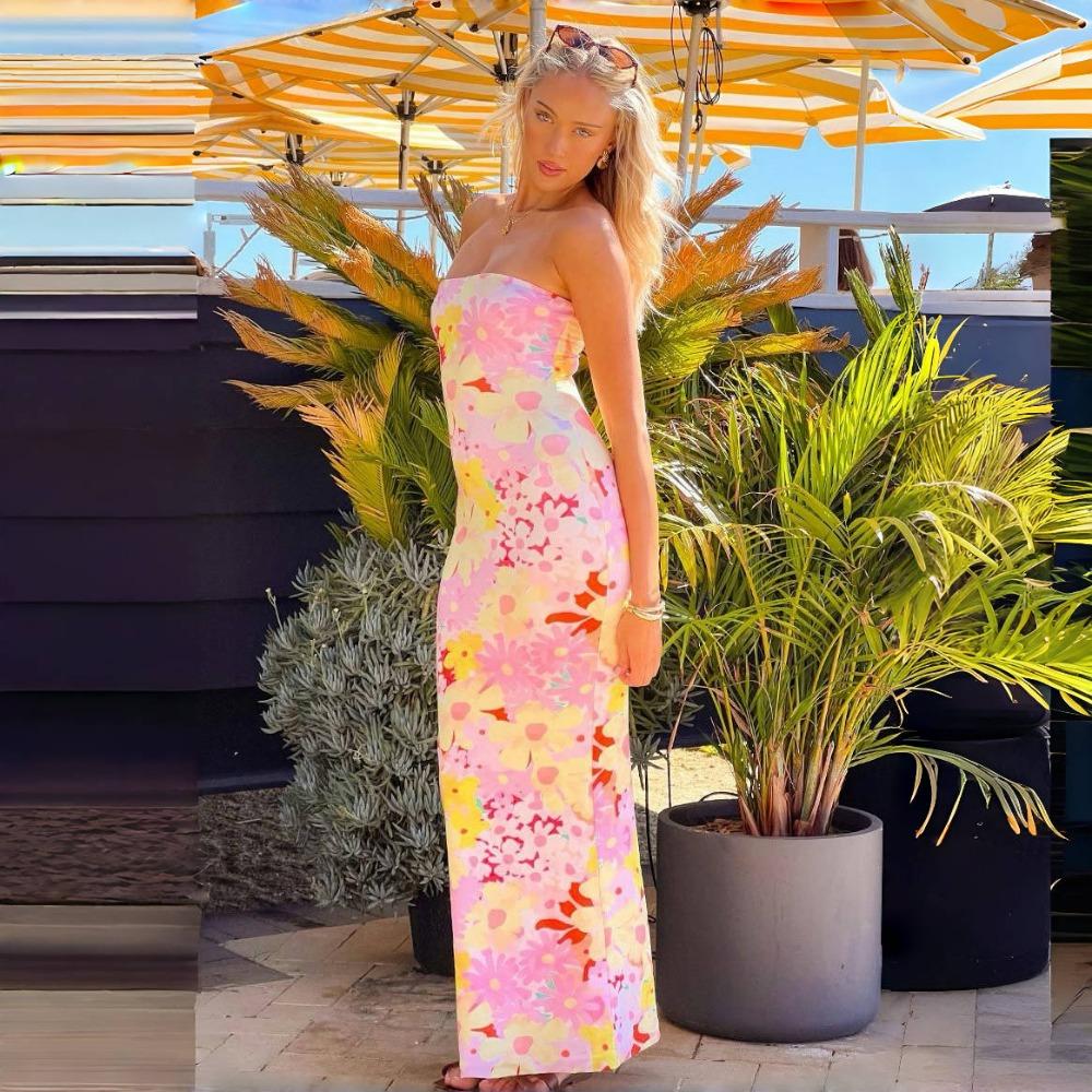 LYRIA Slim Blumenmuster Schulterfrei Ärmellos Rückenfrei Eleganz Kleid Damen Bodycon Lang Tube Top Kleid für Party Club