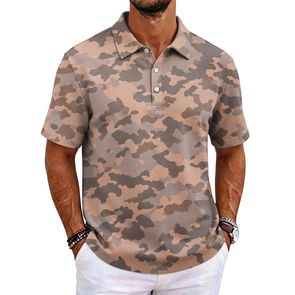 Men's Camouflage Polo Shirt Slim Fit Short Sleeve Business Casual Collar Buttoned Front Breathable Fabric Lightweight Design