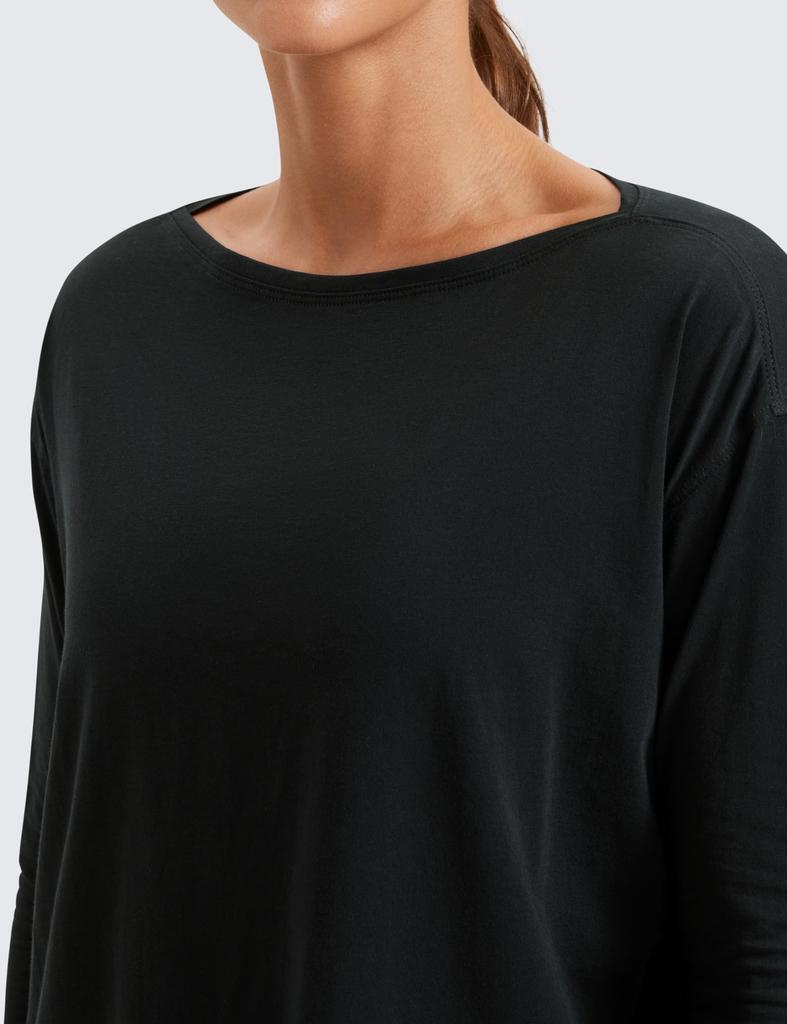 CRZ YOGA Long Sleeve Pima Cotton with Boat Loose Casual Yoga Size Women's T-Shirt Neck, Basic, Fit, Top, Black, M, Spring/Autumn