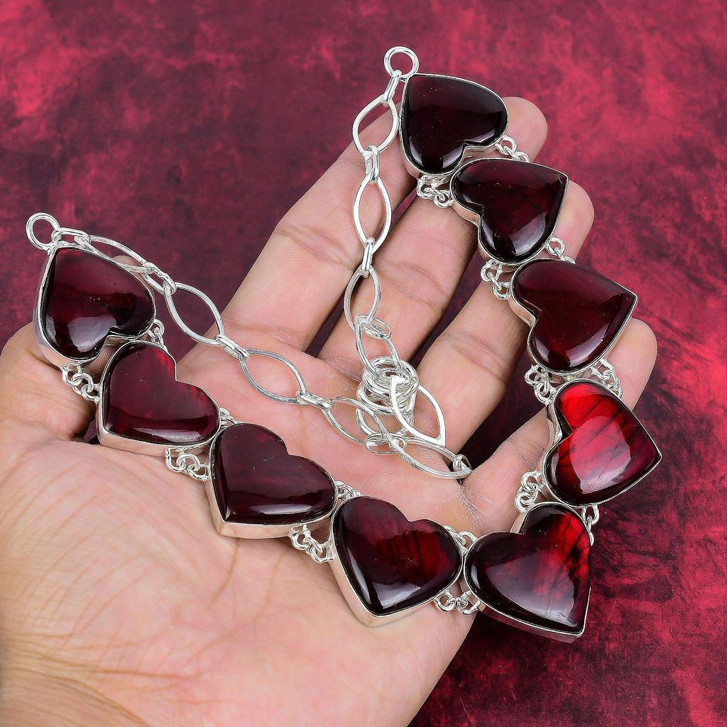 Red Flash Labradorite Necklace, Gemstone 925 Solid Sterling Silver Jewelry Adjustable Chain Necklace, Handmade Heart Shaped Antique Jewelry