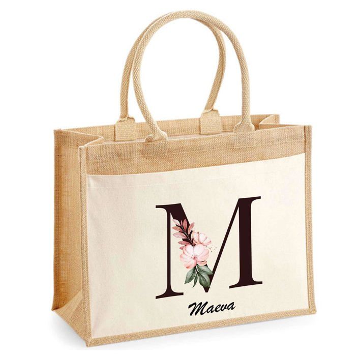 Sac de plage - PLANETEE - Maeva Lettre Fleur - Coton naturel - Grande contenance - Imprimé en France