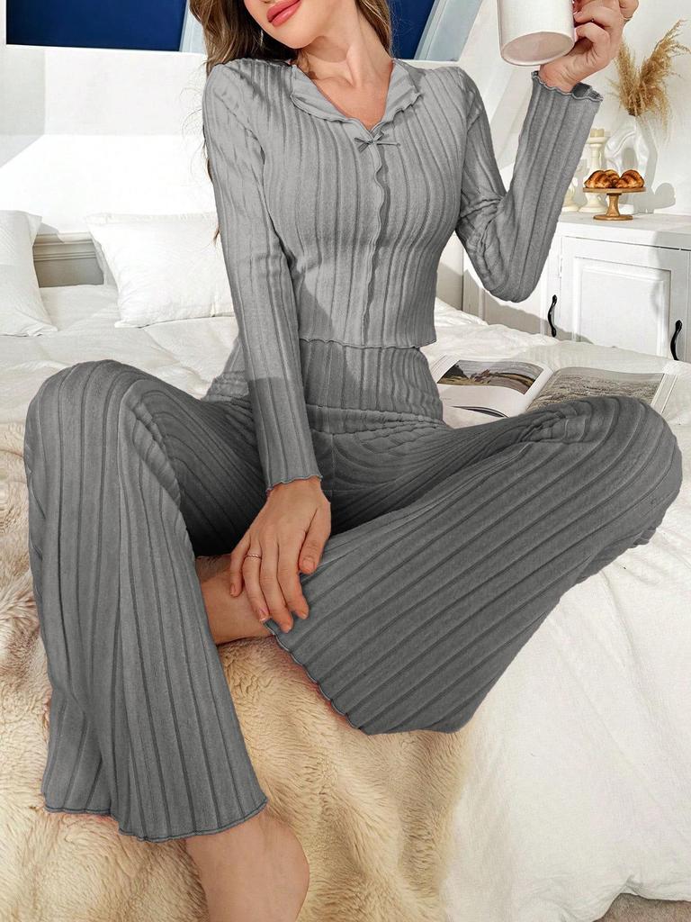 European & American Women's Long Sleeve Pajama Set: Bowknot Casual Fashion, Thickened for Autumn & Winter