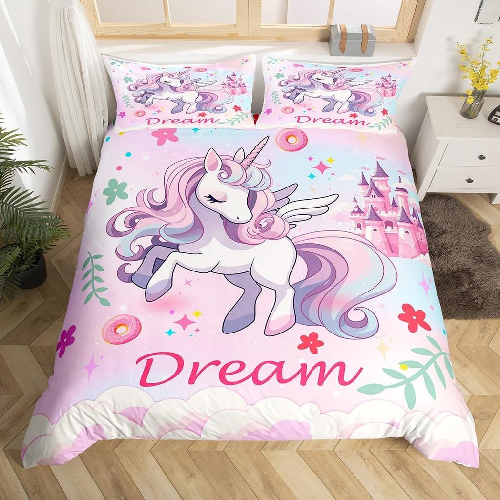 Children Kids Unicorn Soft Duvet Cover Single Quen King, Adorable Lovely Cat Carton Warm Comforter Cover featuring 2 Pilowcase Fish Scale Beding Set