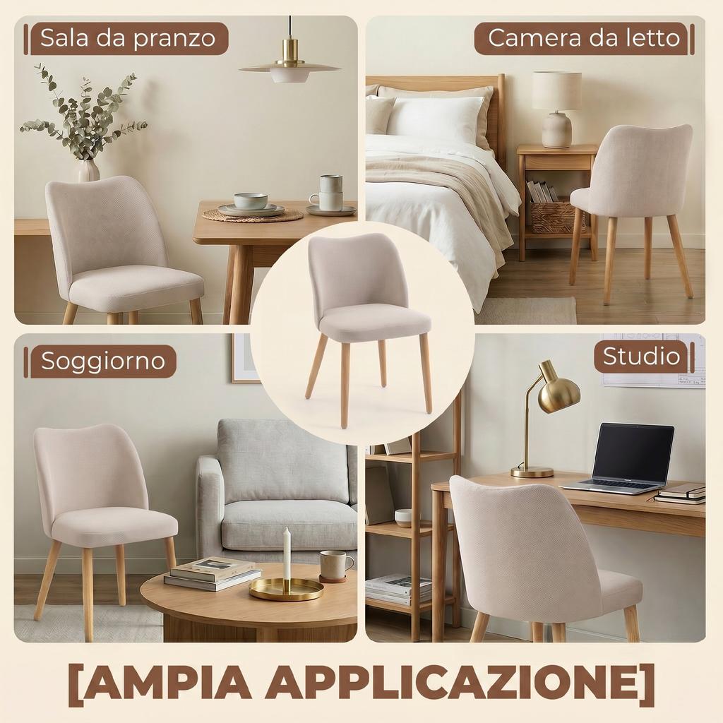 Set of 2 Dining Chairs in Linen-Effect Fabric and Rubberwood, Padded Seat, Curved Backrest, Cream