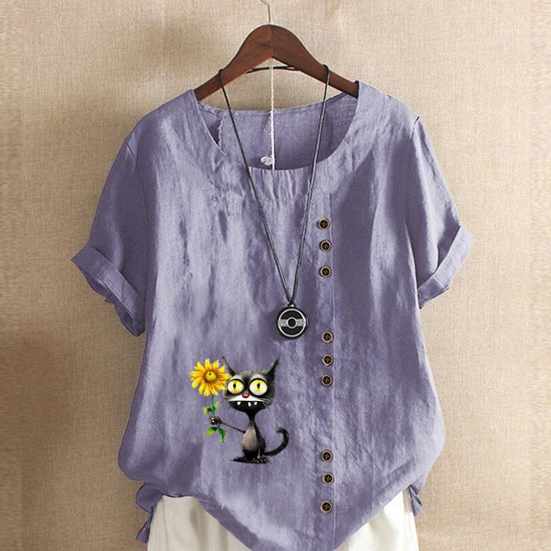 Women's Fashion Sunflower Black Cat Prined Short Sleeve T-shirt Loose Cotton Shirt Casual Loose Summer Blouse Tops Plus Size