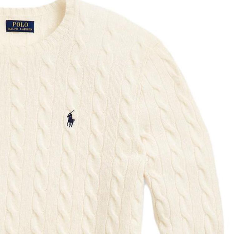 Polo Ralph Lauren FW22 Solid Logo Embroidered Cable Knit Cashmere Sweater Men Sweater Cream 710876762-010