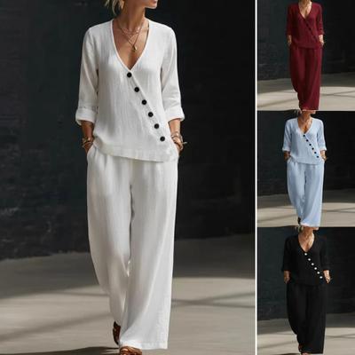 Ensembles d'été 2 pièces pour femmes Décontractés Manches Courtes Col en V Boutons Haut et Pantalon Large Tenues de Détente avec Poches