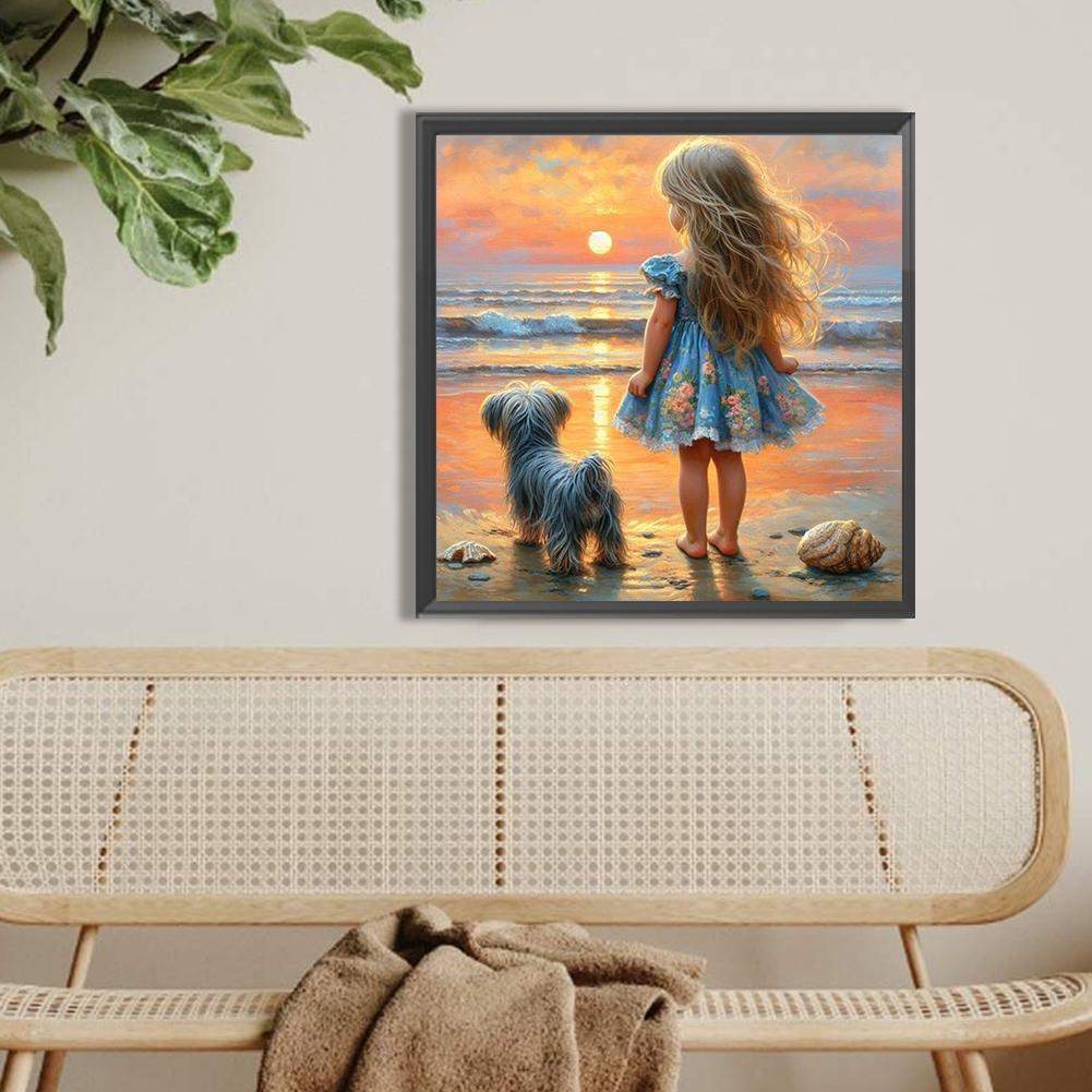 Beach Girl 5D DIY Full Drill Round Diamond Painting Kit for Home Wall Decor