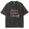 Pink Bow Letter Print Women's T-Shirt Washed Oversized Loose Mid Sleeve Casual Cute Sweetheart Beautiful Short Sleeve Top