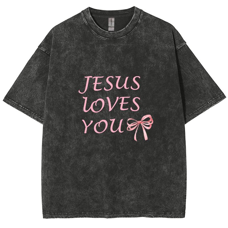 Pink Bow Letter Print Women's T-Shirt Washed Oversized Loose Mid Sleeve Casual Cute Sweetheart Beautiful Short Sleeve Top