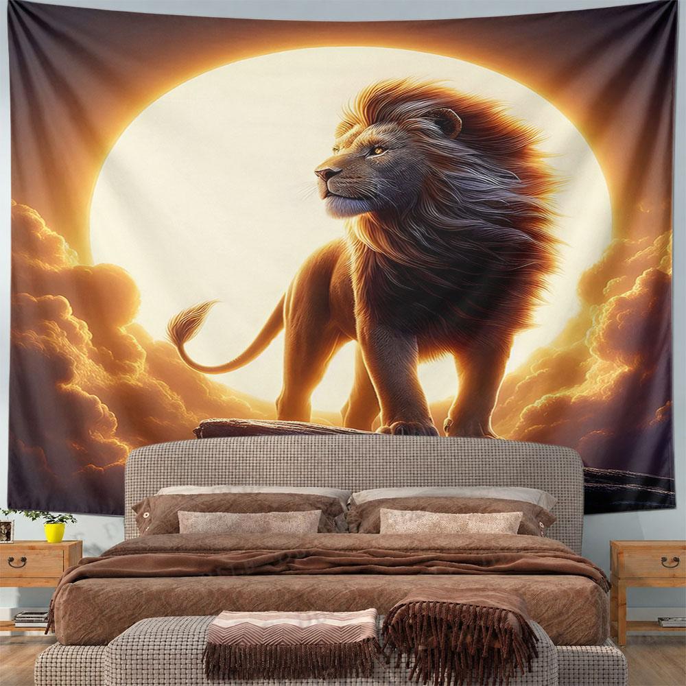 Majestic Lion Standing Against Full Moon Pattern Wall Hanging Tapestry Decorative Tapestry Home Decor for Bedroom and Living Room
