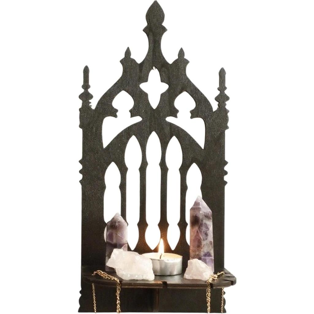 Medieval Throne Shape Wall Shelf Black Wooden Carving Hollowout Decorative Crystal Holders Display Floating Organizers Black Carving Wooden Shelf