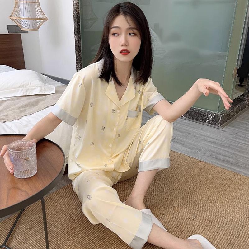 Summer French High-End Bear Pajamas Women'S Short-Sleeved Trousers Thin Contrasting Color Loungewear Women'S Suit