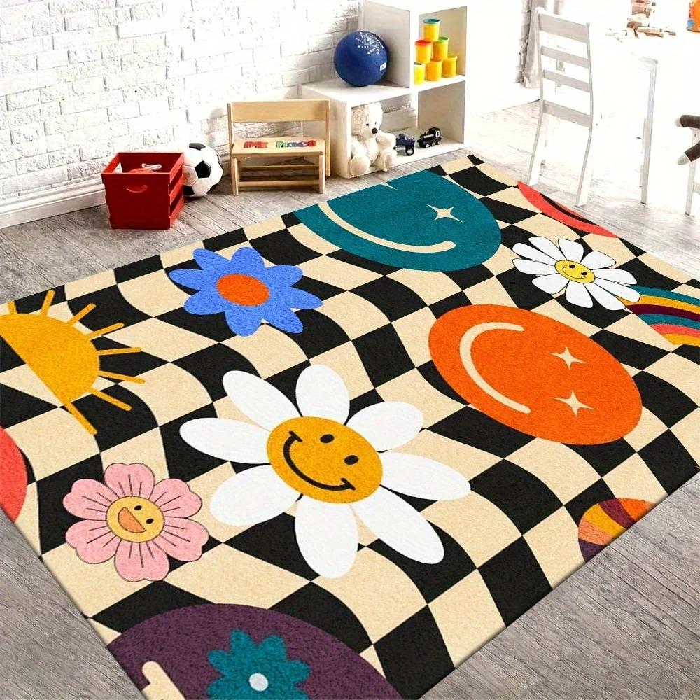 Exquisite Cartoon Daisy Flower Carpet Mat Rug Letter Print Home Decoration for Living Room Playful Checkerboard Design Floor Mat