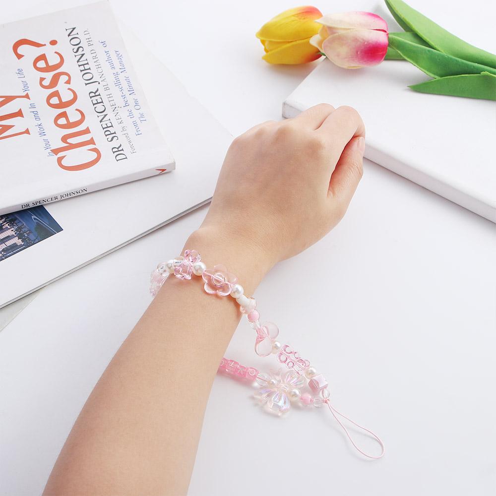 Pink Acrylic Beaded Short Rope Mobile Phone Straps Wrist Hand Lanyard Hand Strap Phone Charm