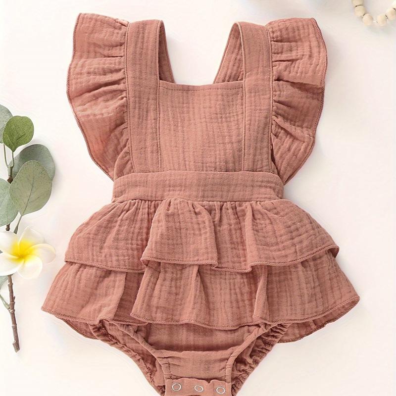 European & American Baby Ruffle Sleeveless Romper, Solid Color, Backless Design (2025 Edition)