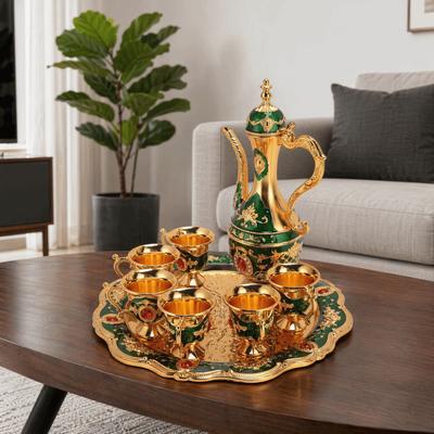8PCS Zinc Alloy Wine Pot Kit Gold Green Teapot Tea Service Set Turkish Tea Set For Birthday