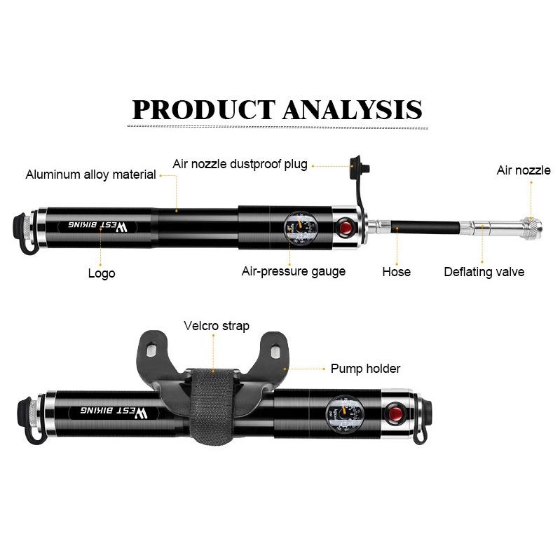WEST BIKING Bike Inflated Pump High Pressure 160PSI Aluminum Bicycle Air Pump Presta Schrader Valve Bike Tire Pump With Hose