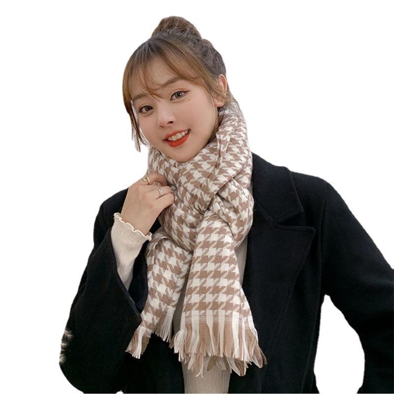 Black and White Houndstooth Plaid Scarf for Women Winter Warm Korean Version Versatile Long Imitation Cashmere Scarf Shawl Dual Use