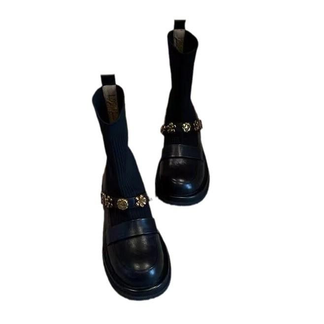 Soft Leather Version~ French Retro Camellia Platform Socks Boots Knitted Thin Boots Versatile Round Head Martin Boots Short Boots Women