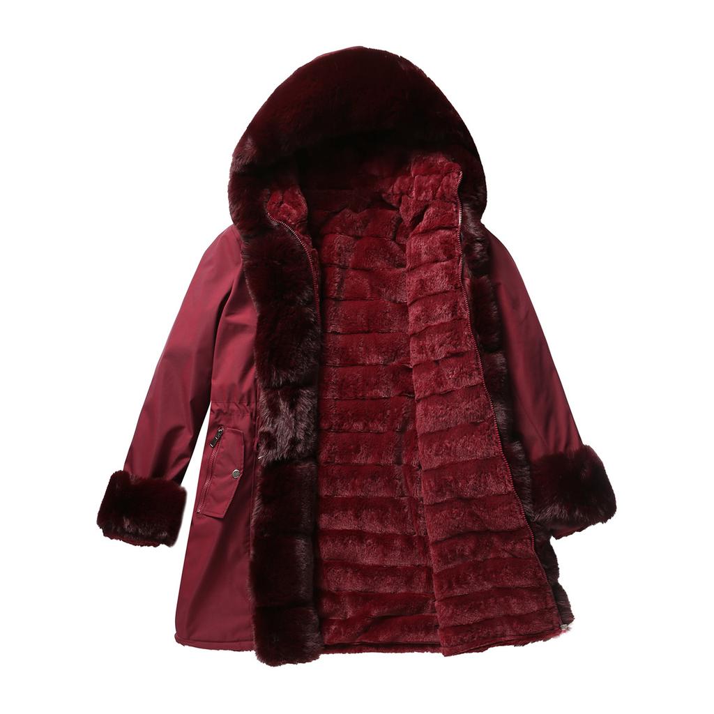 Winter Cotton Jacket for Women Detachable Fur Collar Mid Length Long Sleeved Style Overcoming Solid Color Hooded Warm Cotton Suit