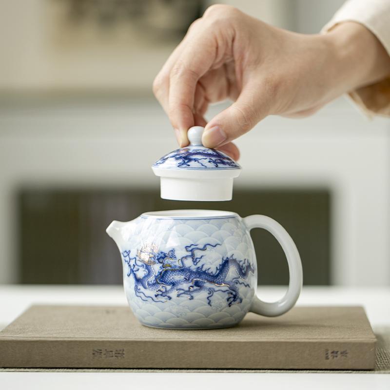Metal Inlay Blue and White Dragon Teapot Single Ceramic Porcelain Chinese Kungfu Dragon Making Pot for Pu'er Tea