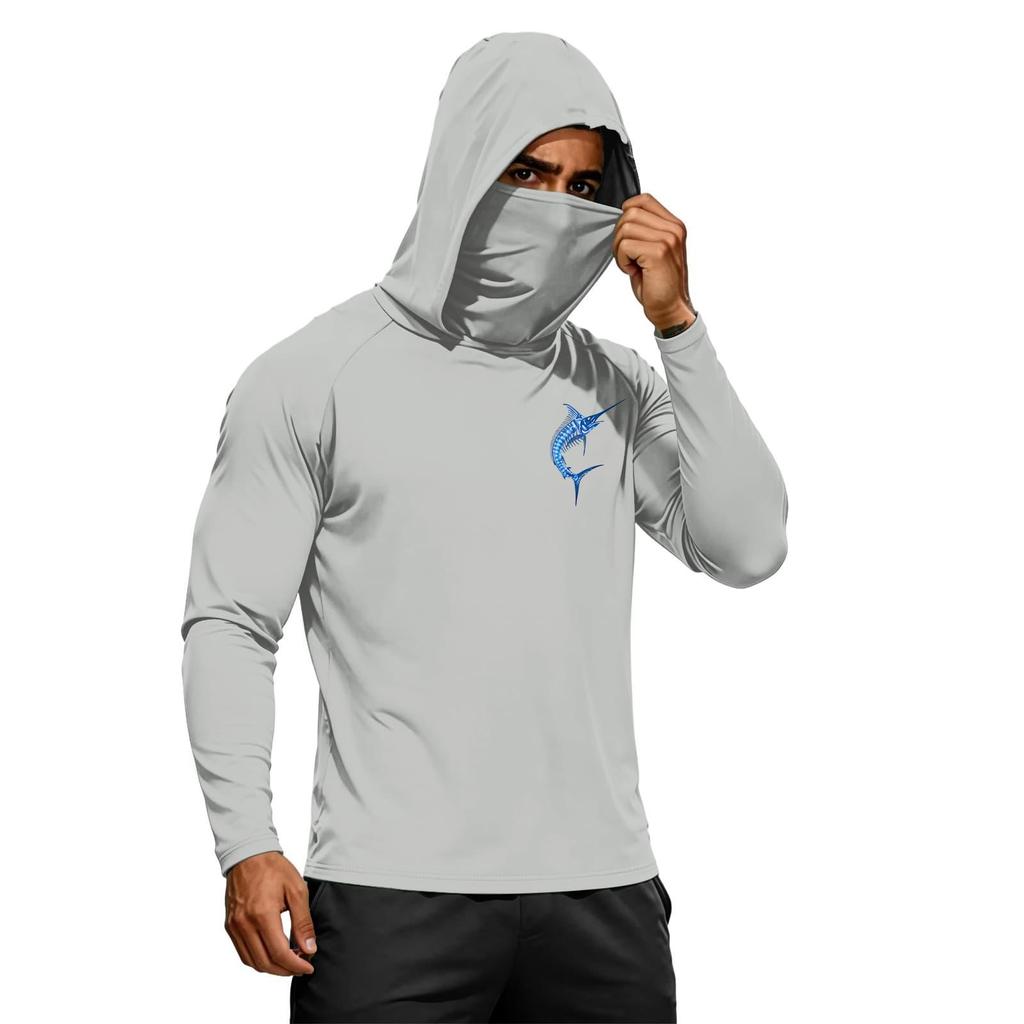 Men's Summer Hawaiian Print Quick Dry Long Sleeve T Shirt Ice Silk UPF50 Plus Sun Protection Hooded Sports Fitness Outdoor Top