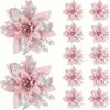 12pcs Glitter Pink Artificial Poinsettia Flowers, Plastic Vine Christmas Tree Decorations - Holiday Party Supplies & Seasonal